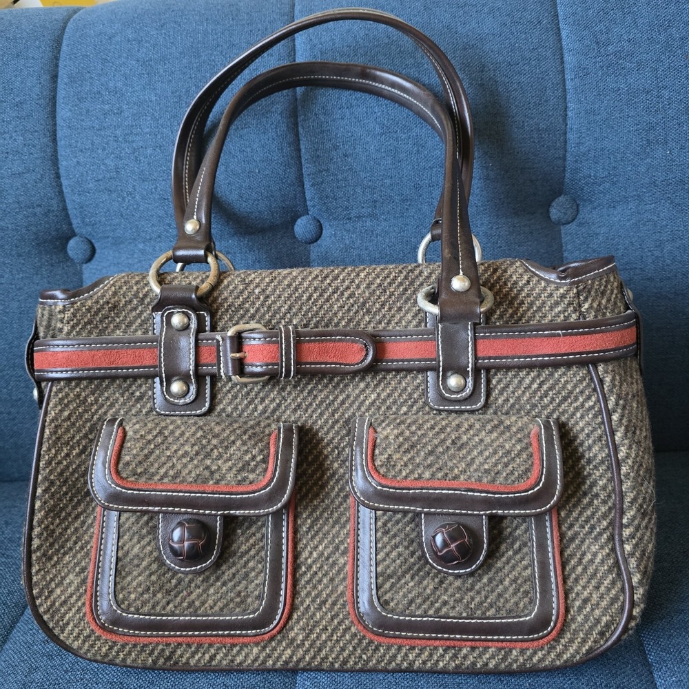 VTG Apt 9 Y2K Brown Red Canvas Hand Bag Silver Metal Hardware Manmade Trim‎
